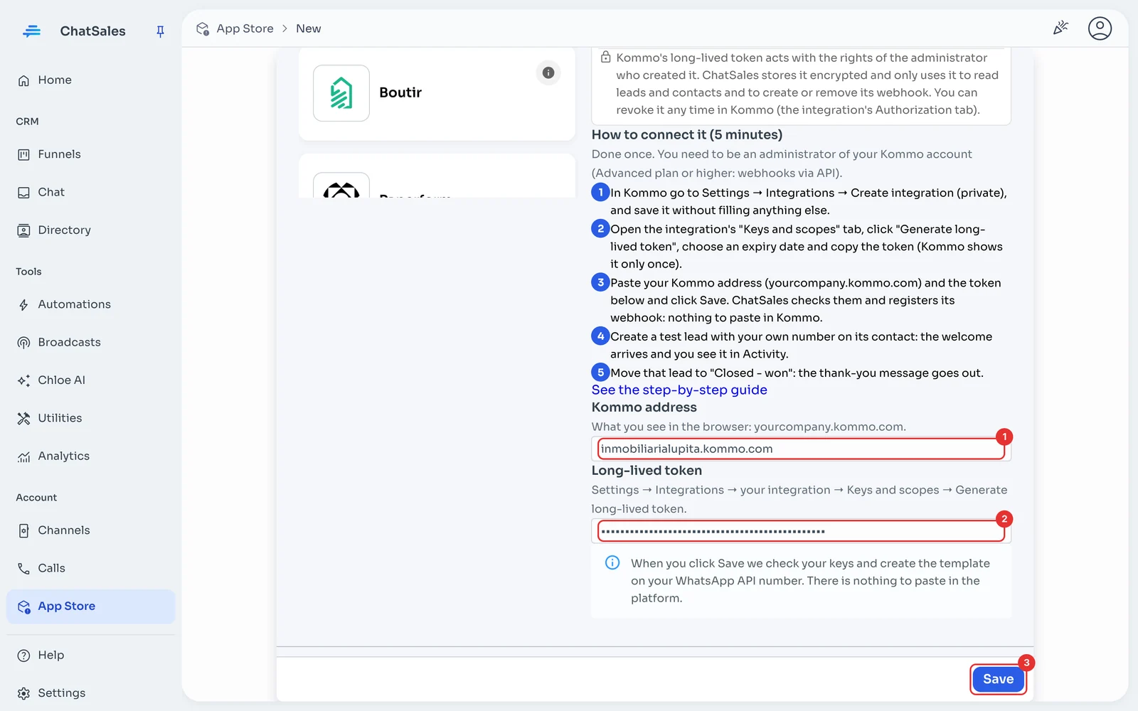Kommo address and token fields and Save button
