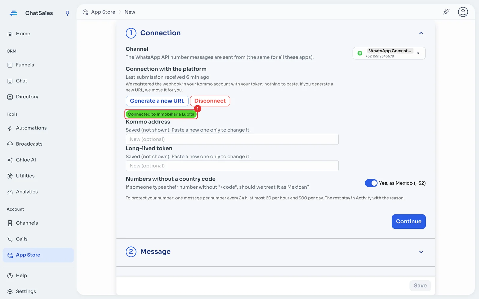 Connection section with the Kommo account name