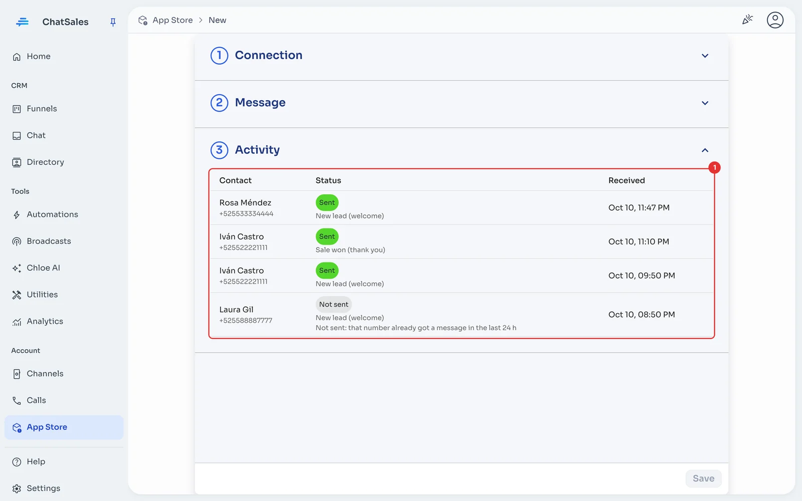 Activity section with the submissions received and their status