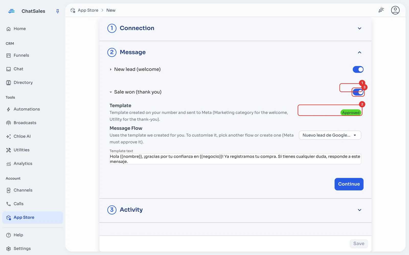 Message section with the template status and the flow