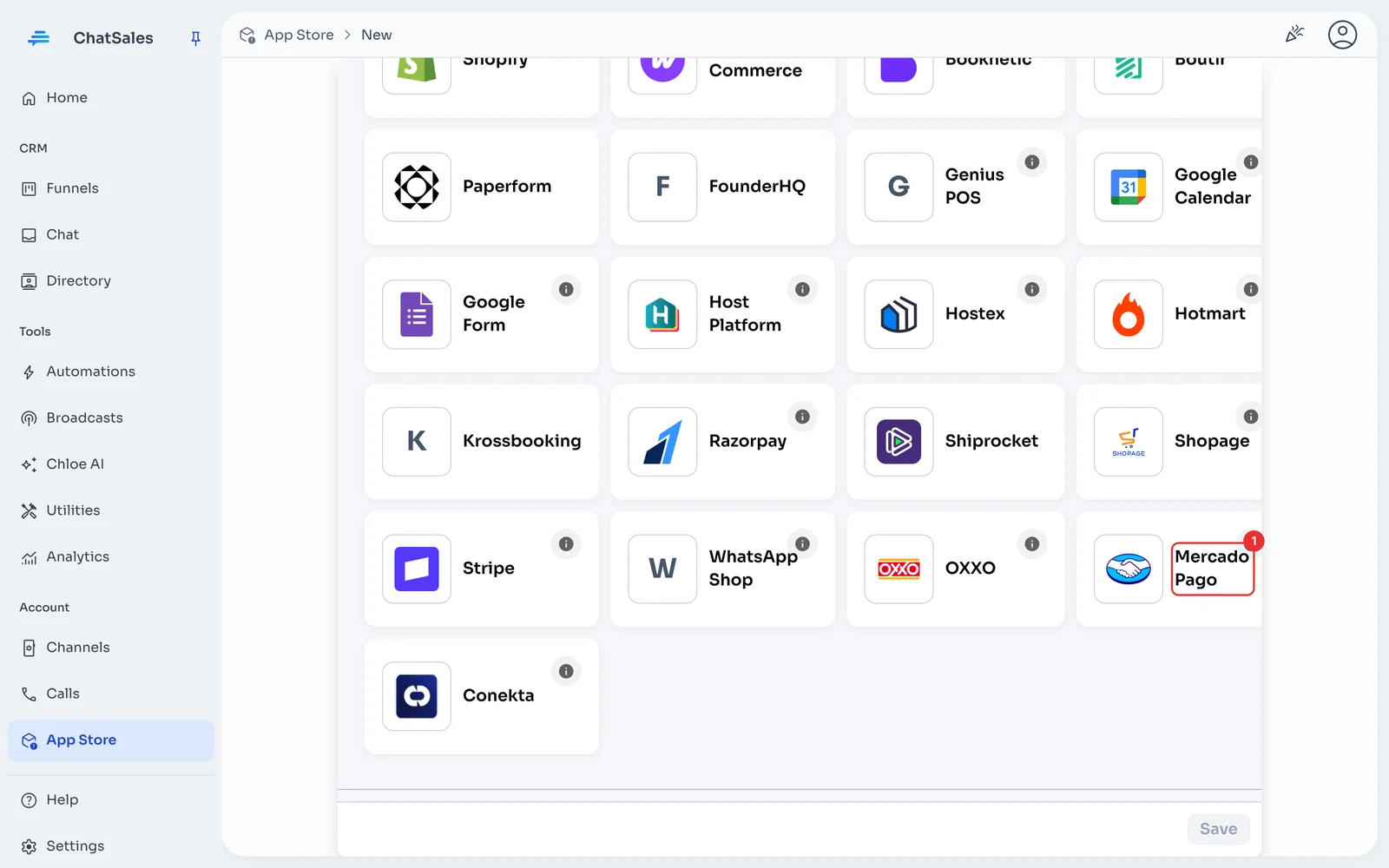App gallery with the Mercado Pago card marked