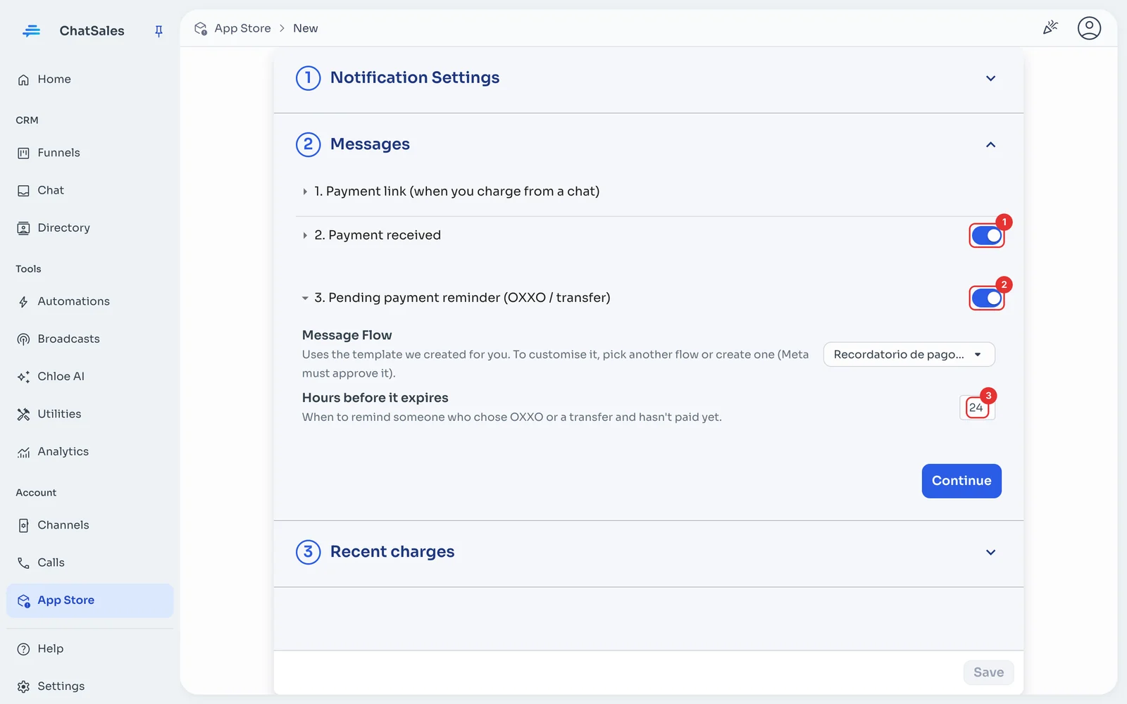 Messages section with link validity, switches and hours