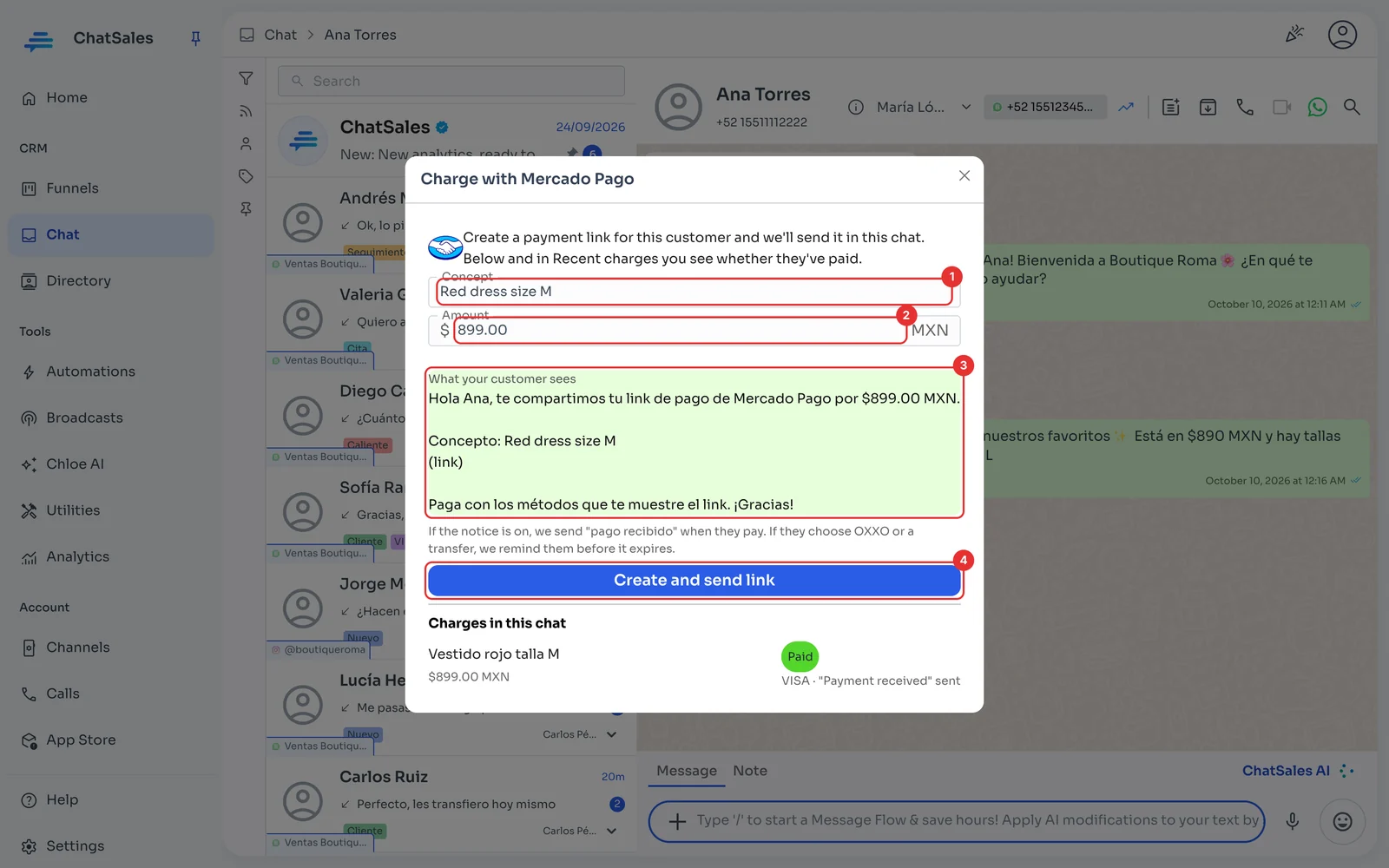Charge with Mercado Pago window with concept, amount, preview and the Create and send link button