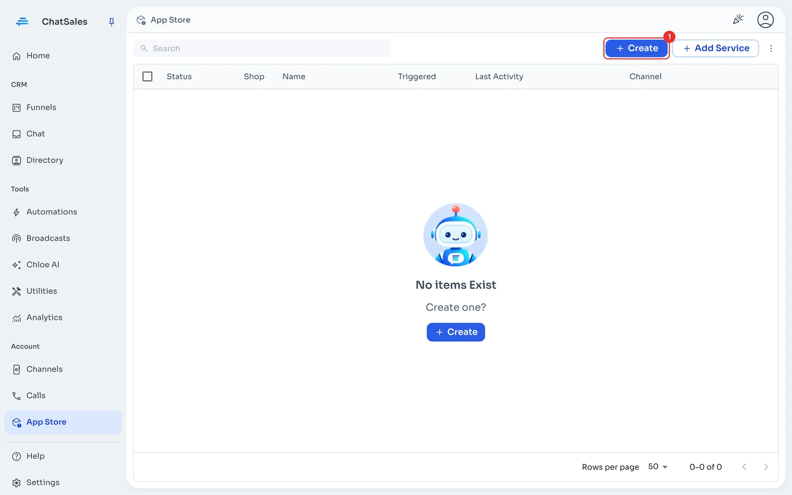 ChatSales App Store with the Create button marked