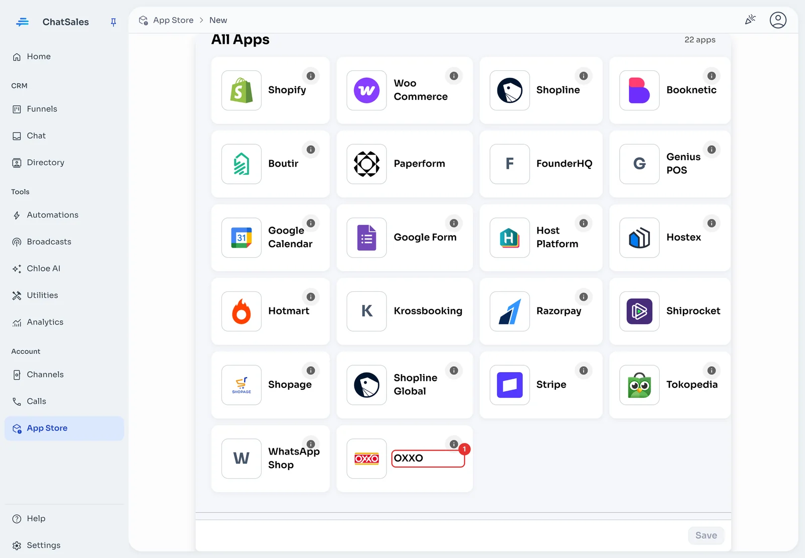 App gallery with the OXXO card marked