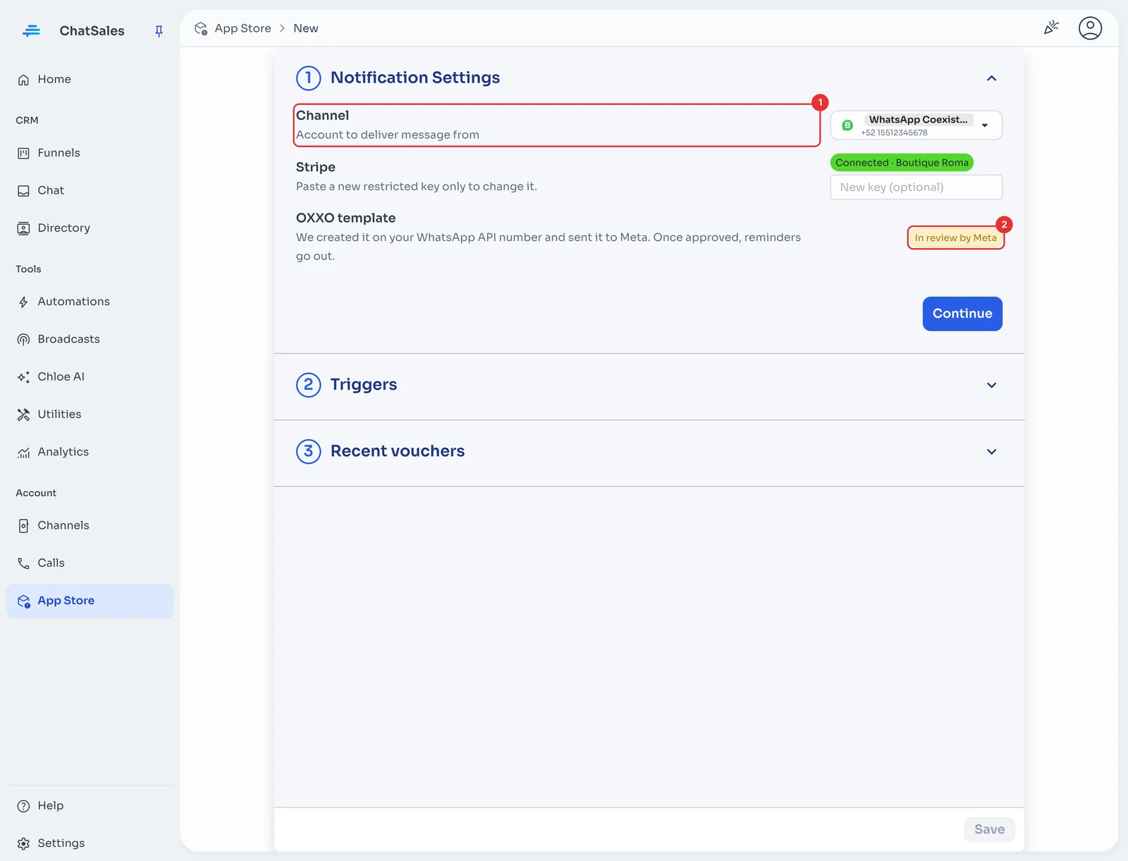 Notification Settings with the channel and the OXXO template status