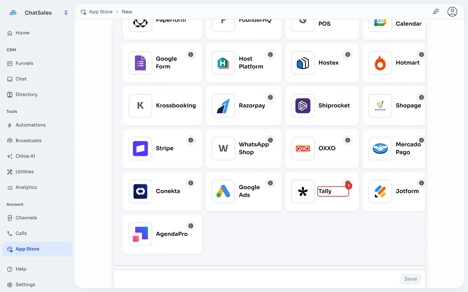App gallery with the Tally card marked