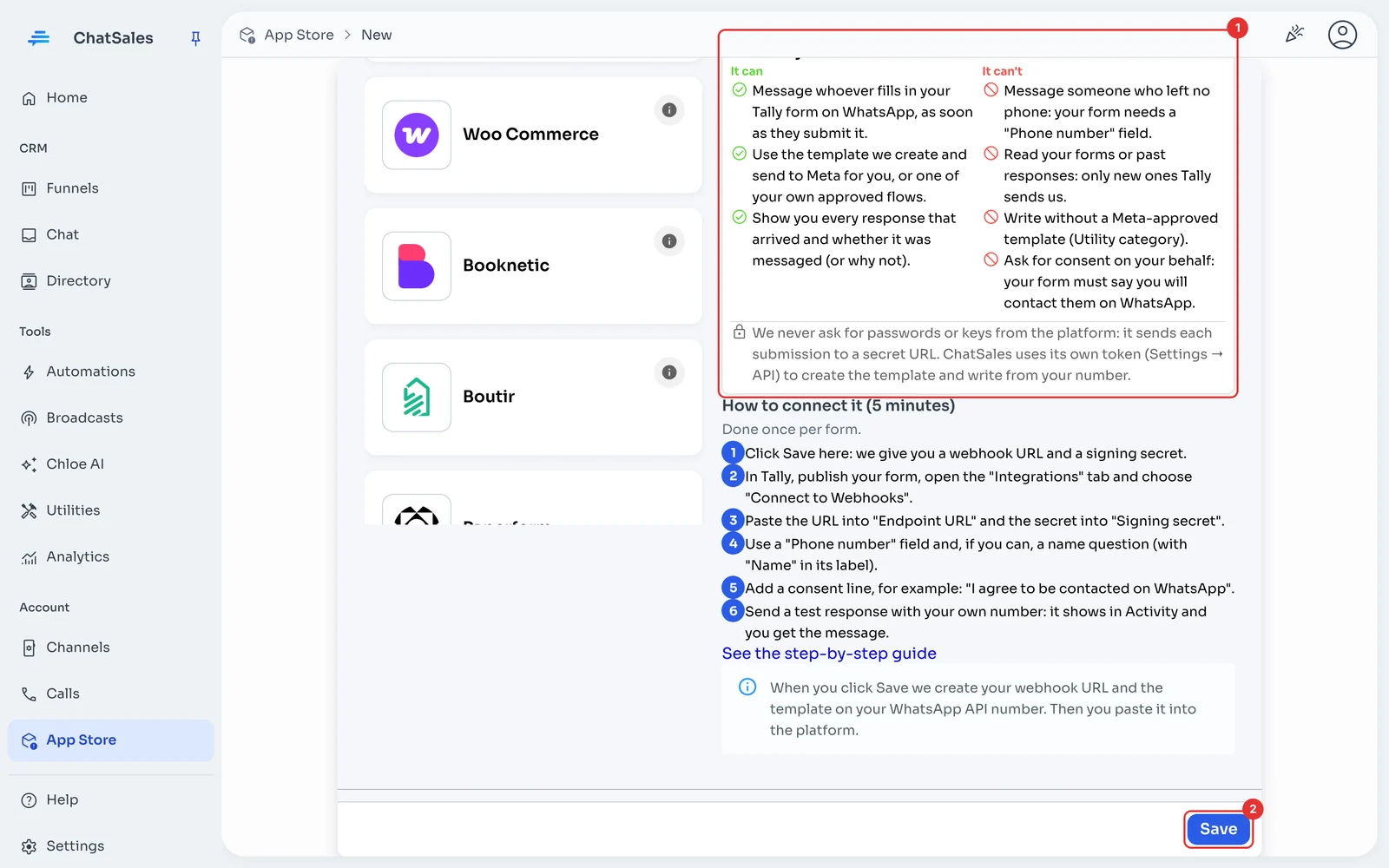 What it does and doesn't do box, steps and the Save button