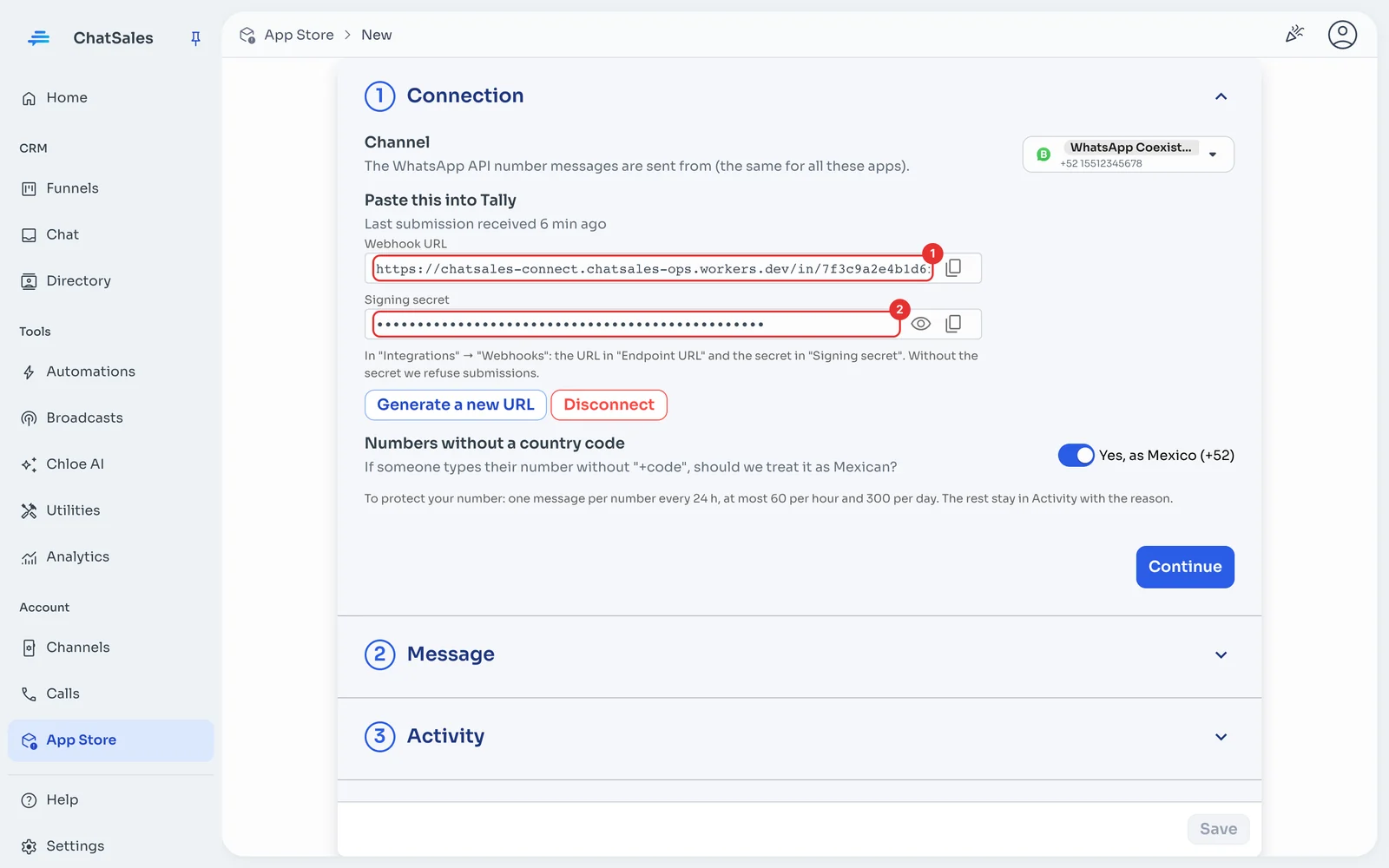 Connection section with the webhook URL