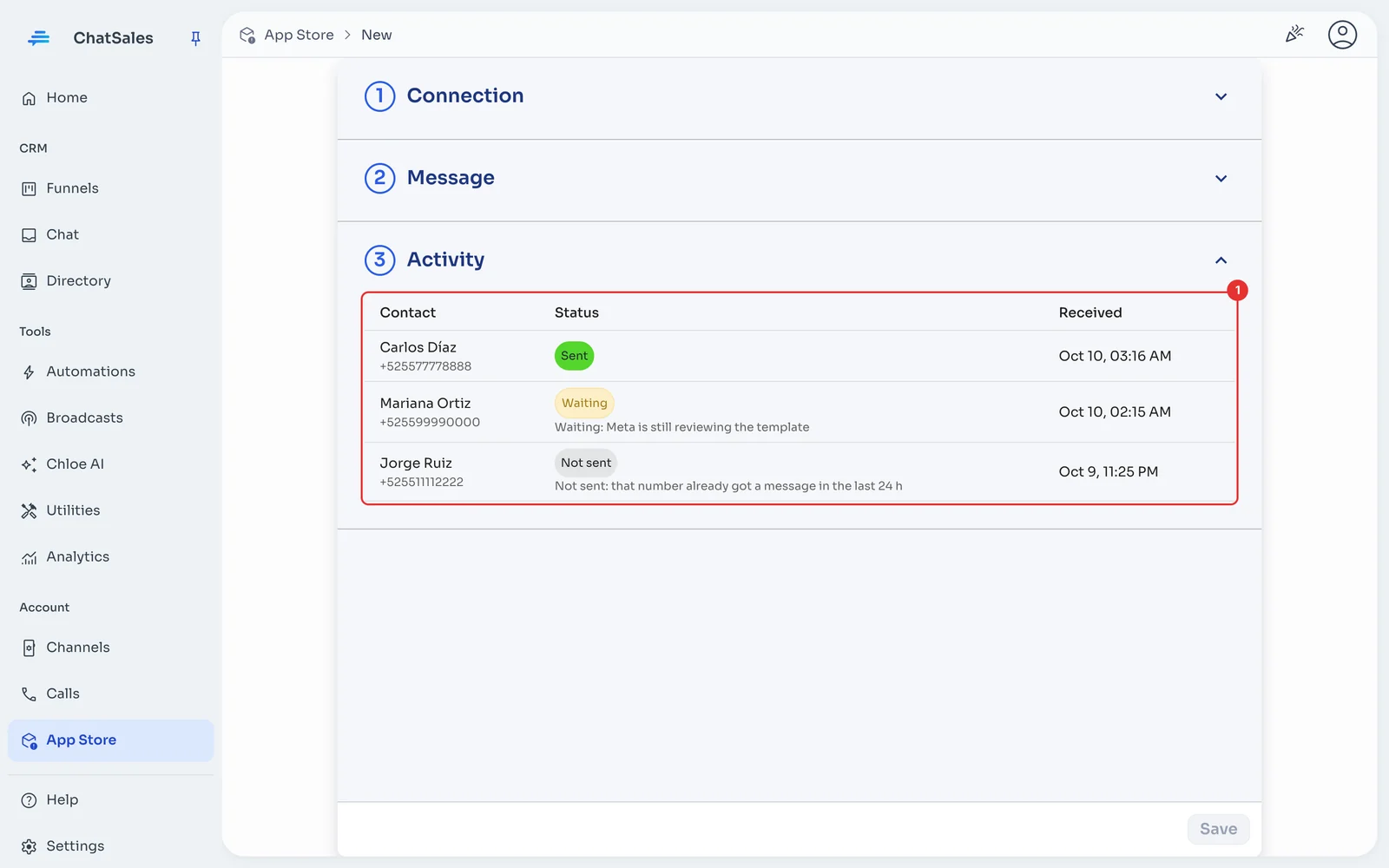 Activity section with the submissions received and their status