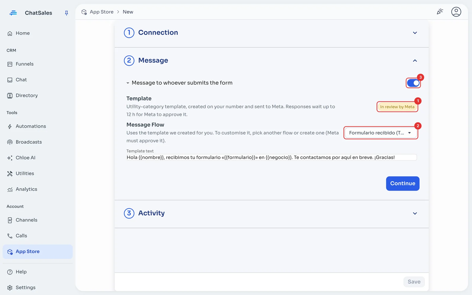 Message section with the template status and the flow