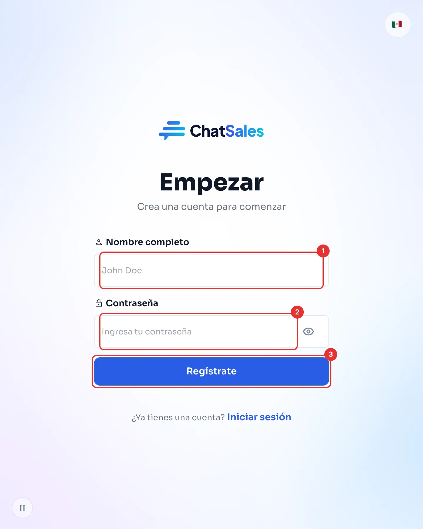Formulario de registro de ChatSales con nombre completo, contraseña y el botón Regístrate