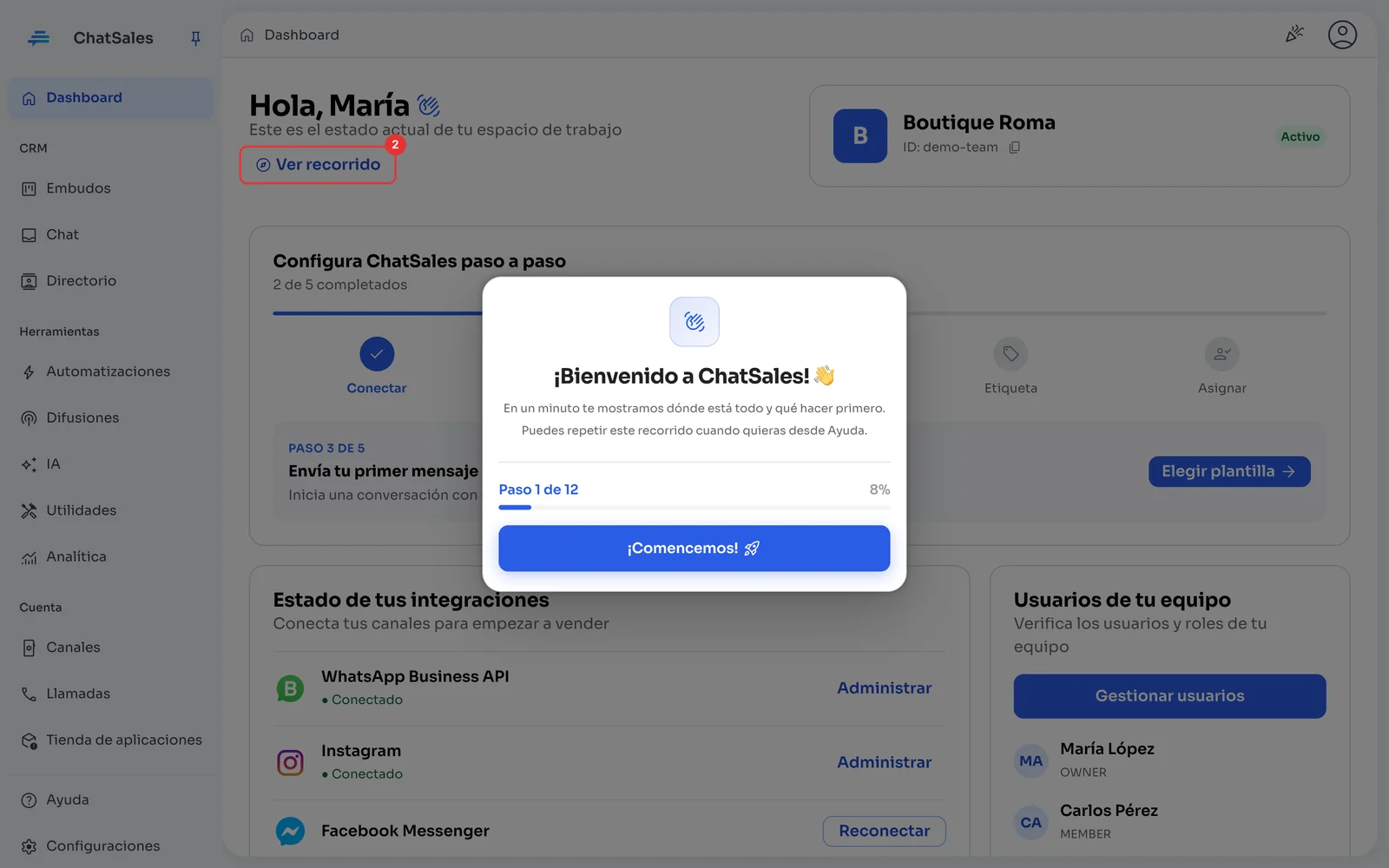 Recorrido de bienvenida de ChatSales sobre el Dashboard, con el enlace Ver recorrido