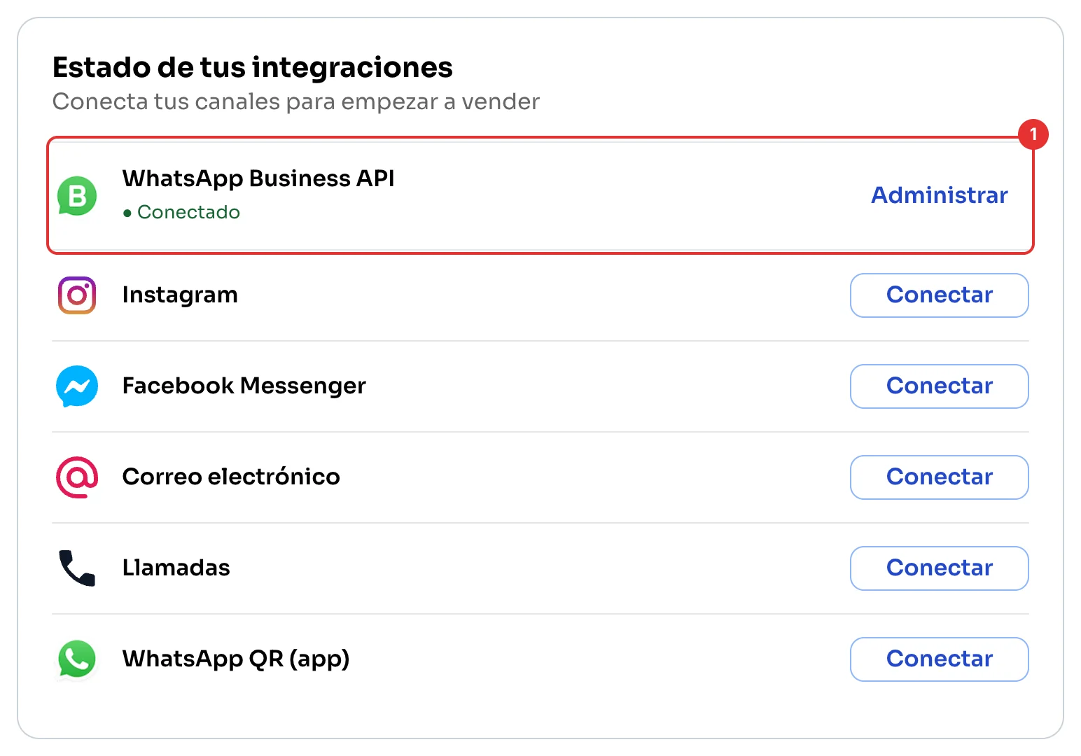 WhatsApp Business API conectado en Estado de tus integraciones