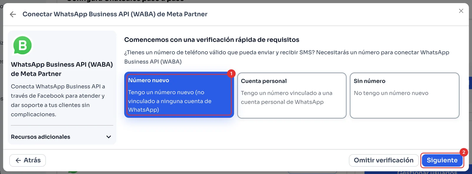 Verificación de requisitos con Número nuevo, Cuenta personal y Sin número