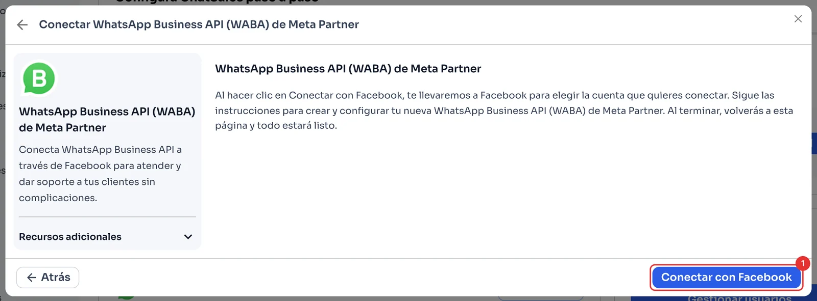 Paso final con el botón Conectar con Facebook