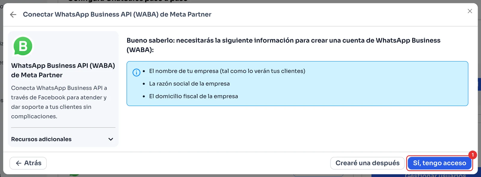 Lista de datos de la empresa necesarios para crear la cuenta de WhatsApp Business