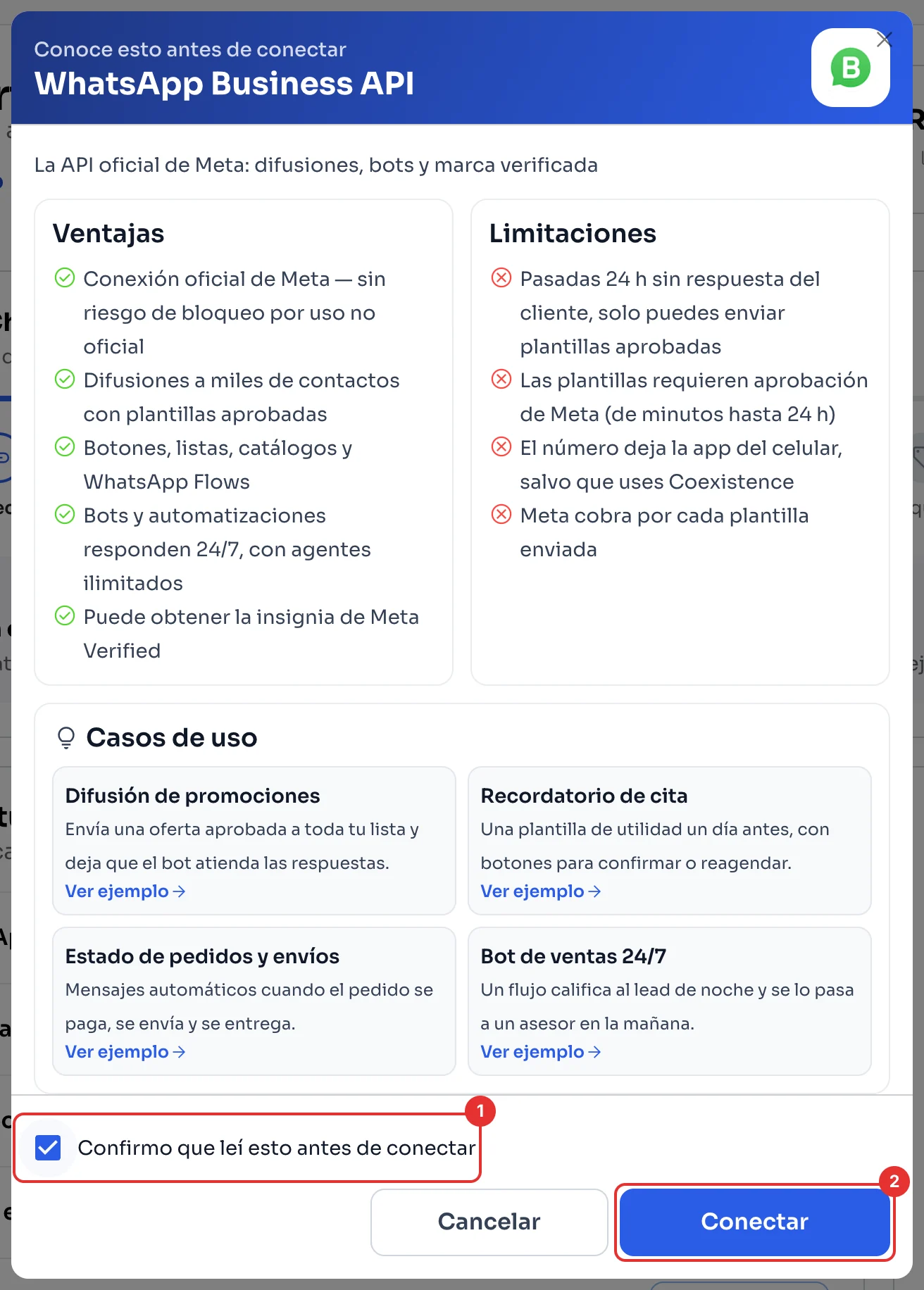 Ventana Conoce esto antes de conectar de WhatsApp Business API, con la casilla de confirmación y el botón Conectar