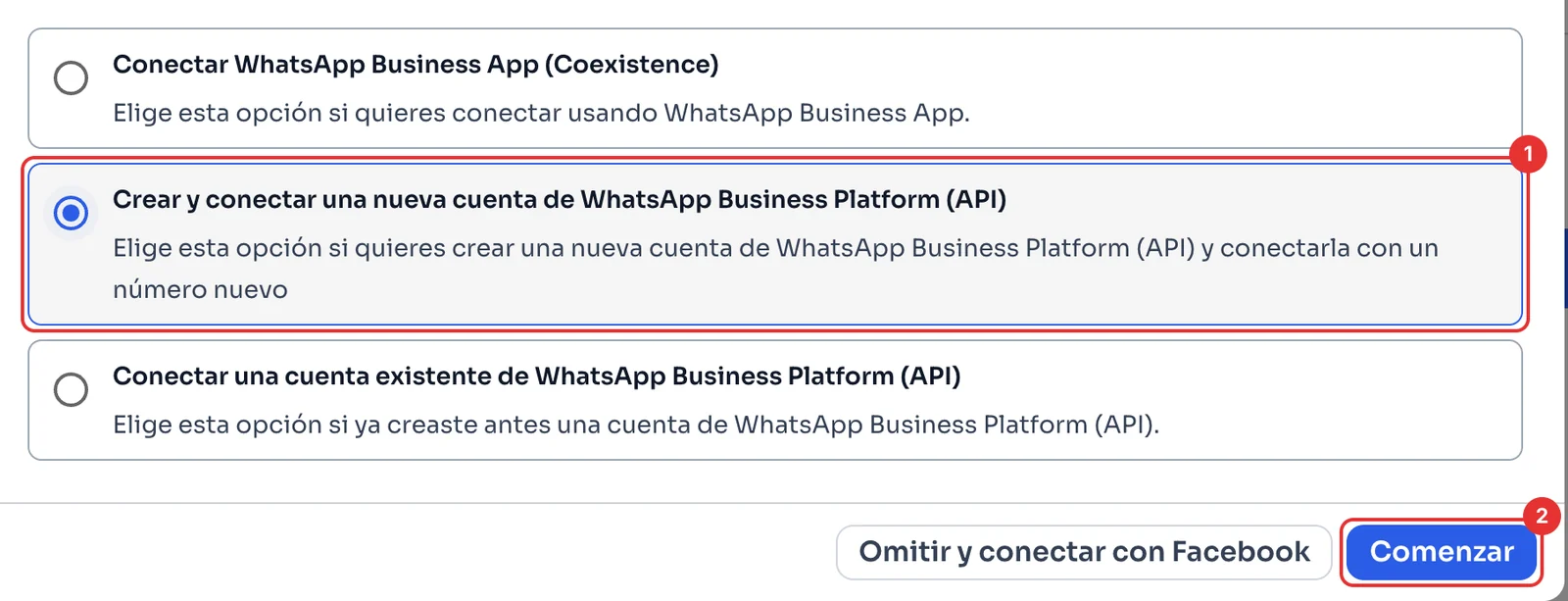 Las tres formas de conectar la API, con Crear y conectar una nueva cuenta seleccionada