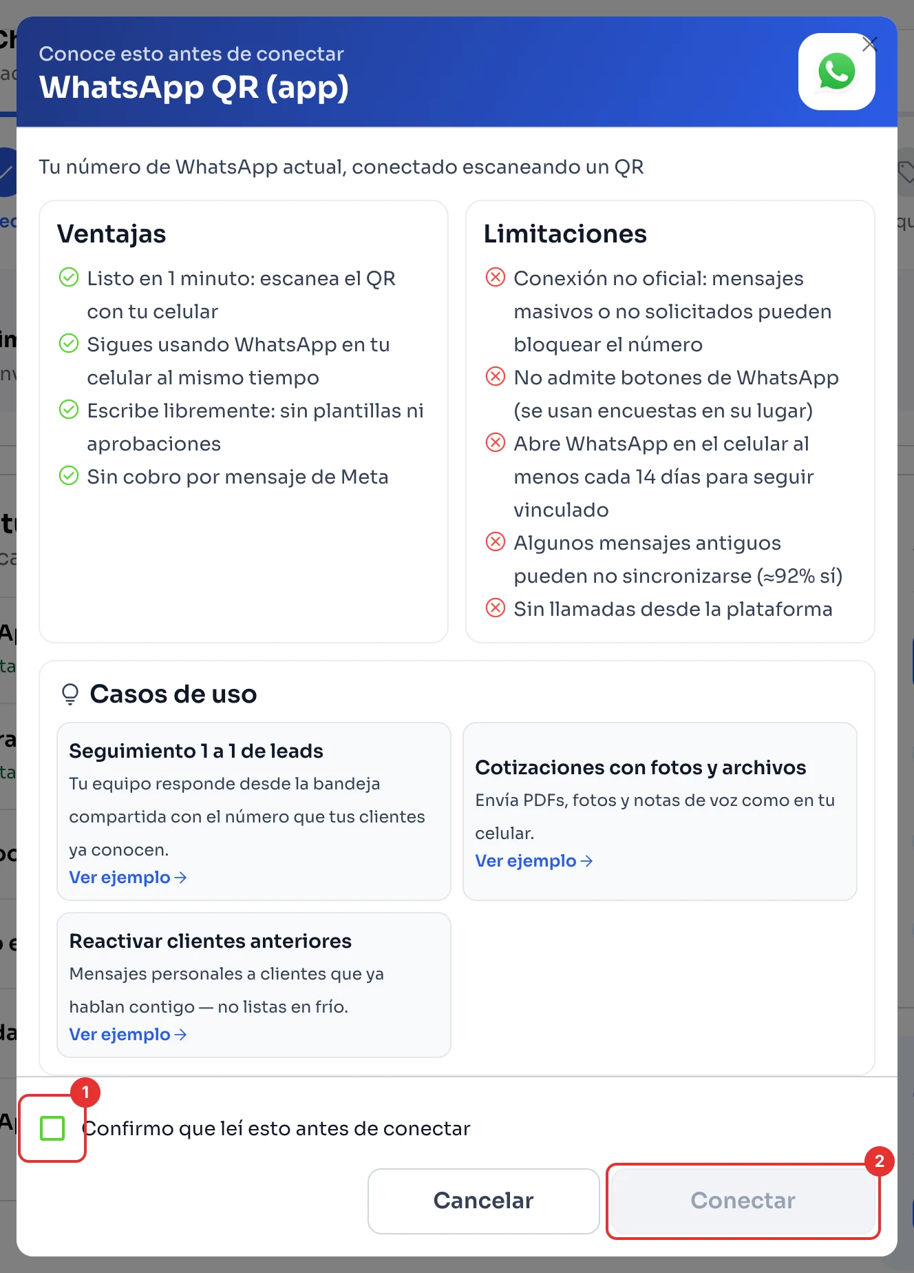 Ventana de ChatSales antes de conectar WhatsApp QR, con ventajas, limitaciones y el botón Conectar
