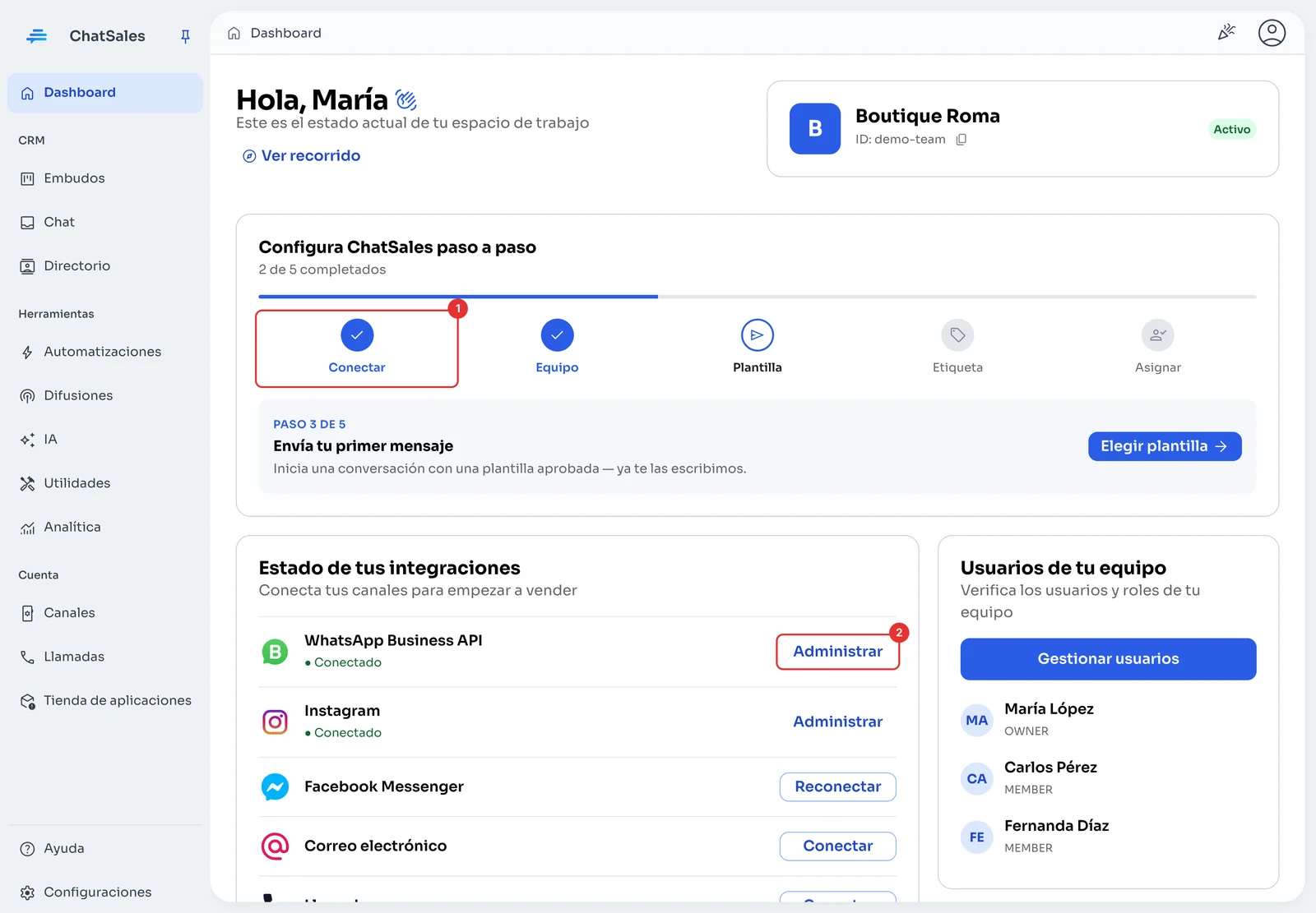Dashboard de ChatSales con la guía paso a paso y el estado de las integraciones