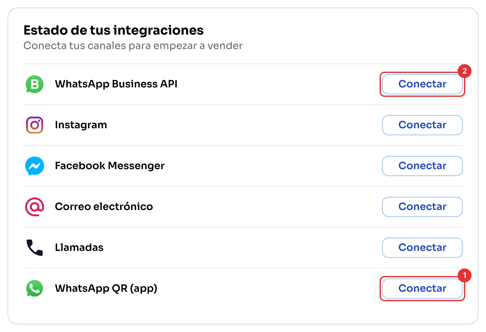 Tarjeta Estado de tus integraciones con WhatsApp QR (app) y WhatsApp Business API