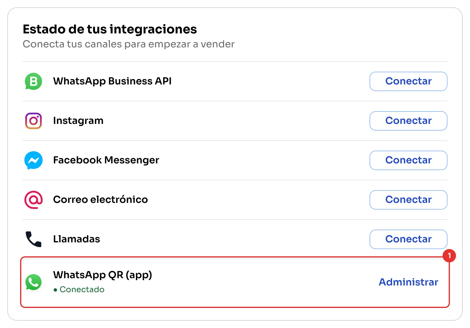WhatsApp QR (app) conectado en Estado de tus integraciones