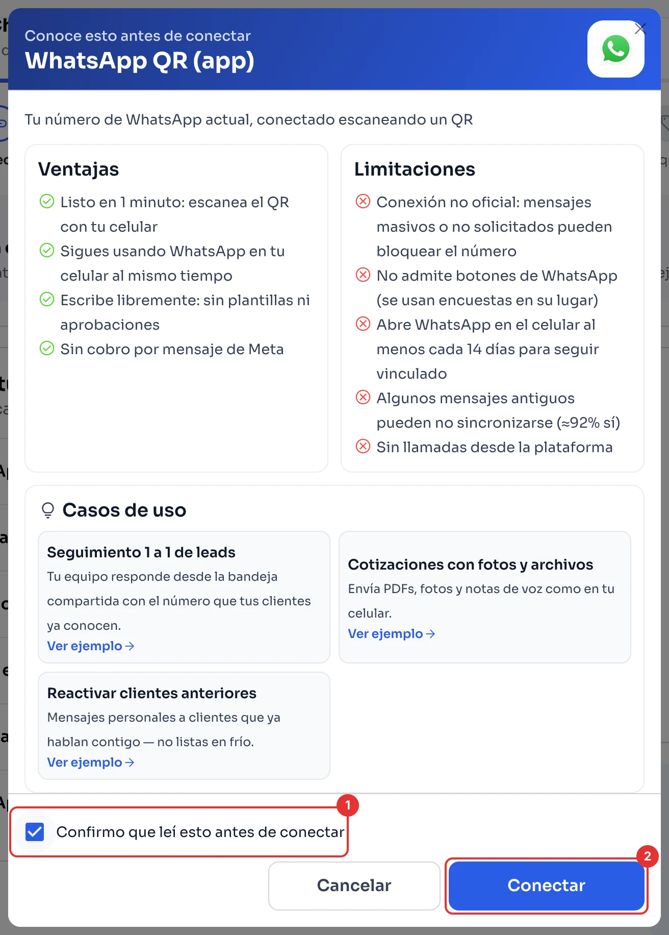 Ventana Conoce esto antes de conectar de WhatsApp QR, con la casilla de confirmación y el botón Conectar