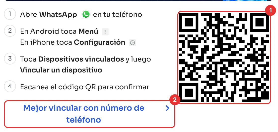 Pasos para vincular y código QR, con el enlace Mejor vincular con número de teléfono