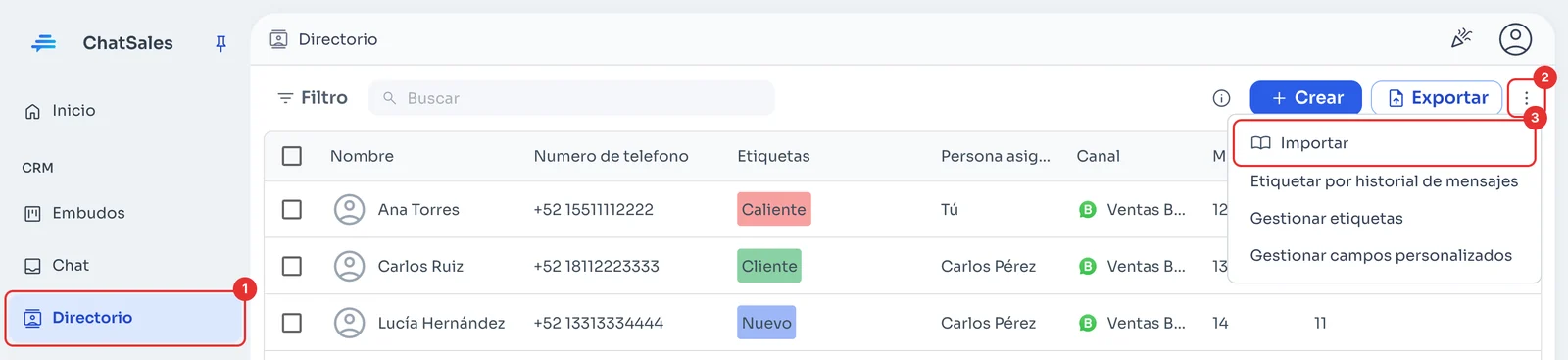 Directorio con el menú de tres puntos abierto y la opción Importar