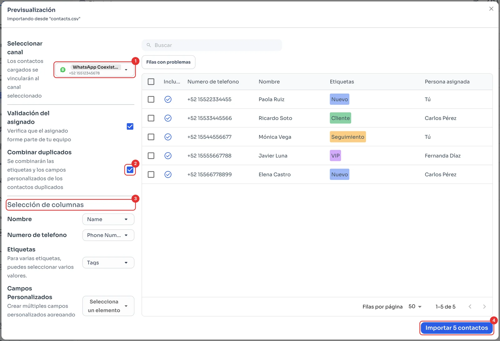 Previsualización con canal, Combinar duplicados, selección de columnas y el botón Importar contactos