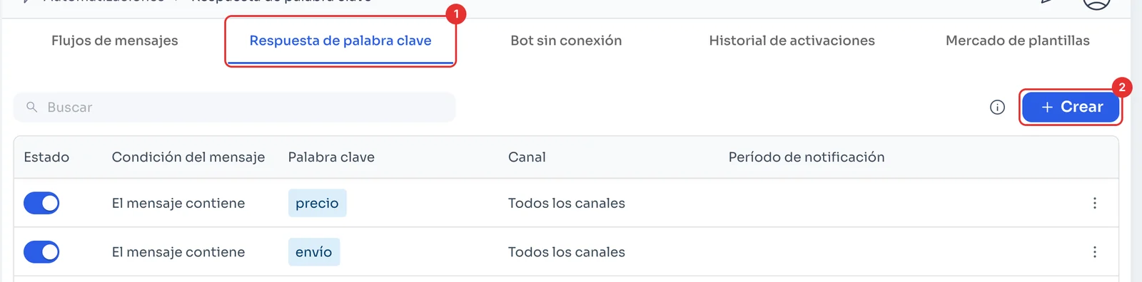 Pestaña Respuesta de palabra clave con la lista de reglas y el botón Crear