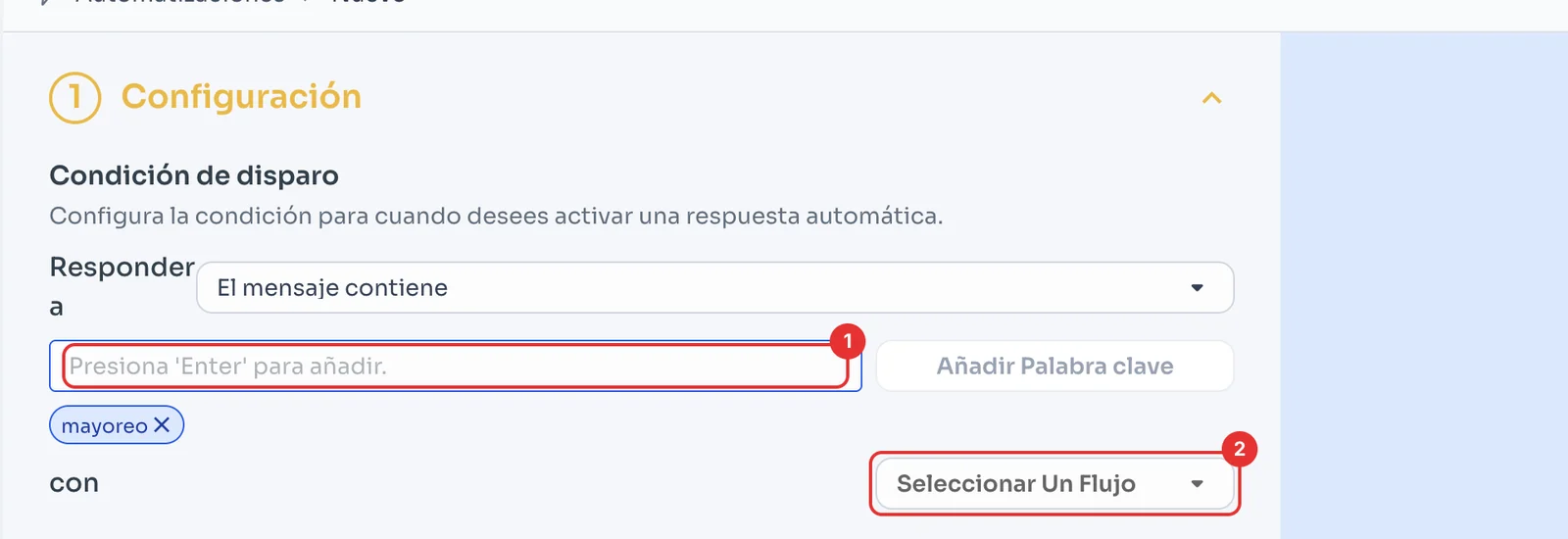 Nueva respuesta por palabra clave con la palabra agregada y el selector de flujo