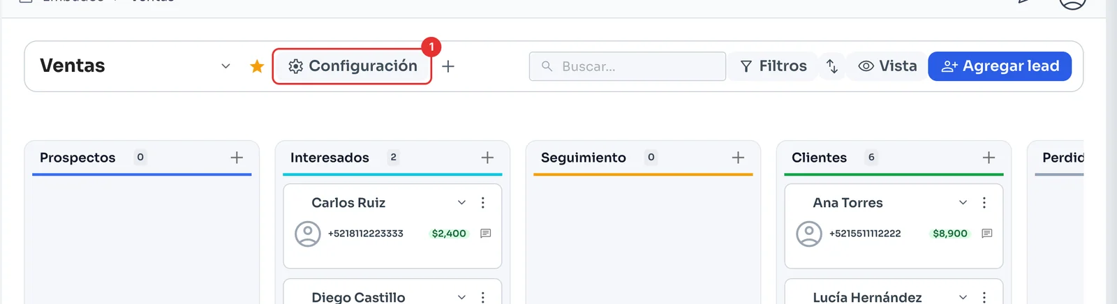 Embudo Ventas con sus etapas y el botón Configuración