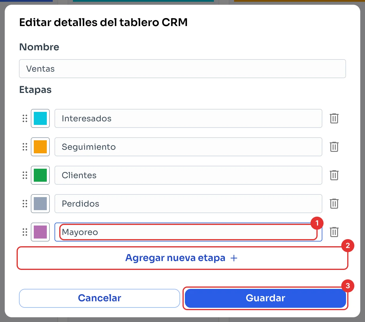 Ventana Editar detalles del tablero CRM con una etapa nueva y el botón Guardar
