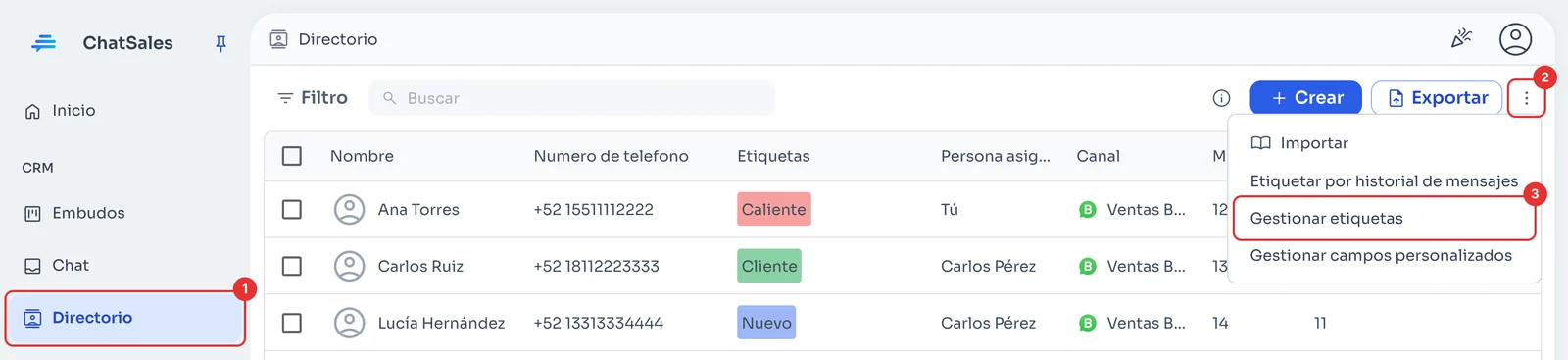 Directorio con el menú de tres puntos abierto y la opción Gestionar etiquetas