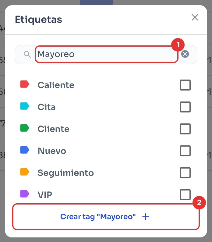 Ventana Etiquetas con un nombre escrito y el botón Crear tag