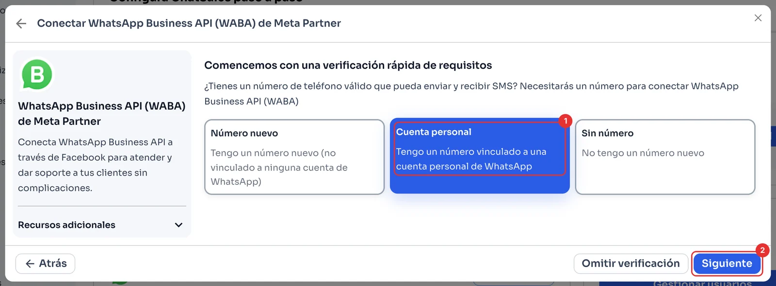 Verificación de requisitos con Cuenta personal seleccionada