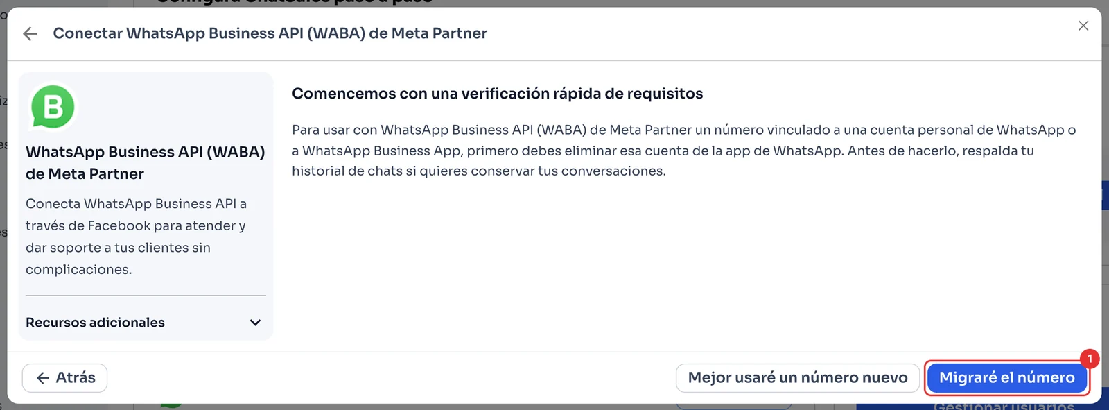 Aviso para borrar la cuenta de la app y el botón Migraré el número