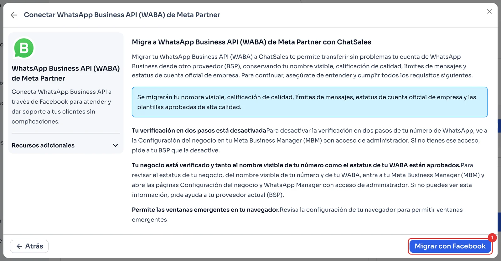 Requisitos de la migración y el botón Migrar con Facebook