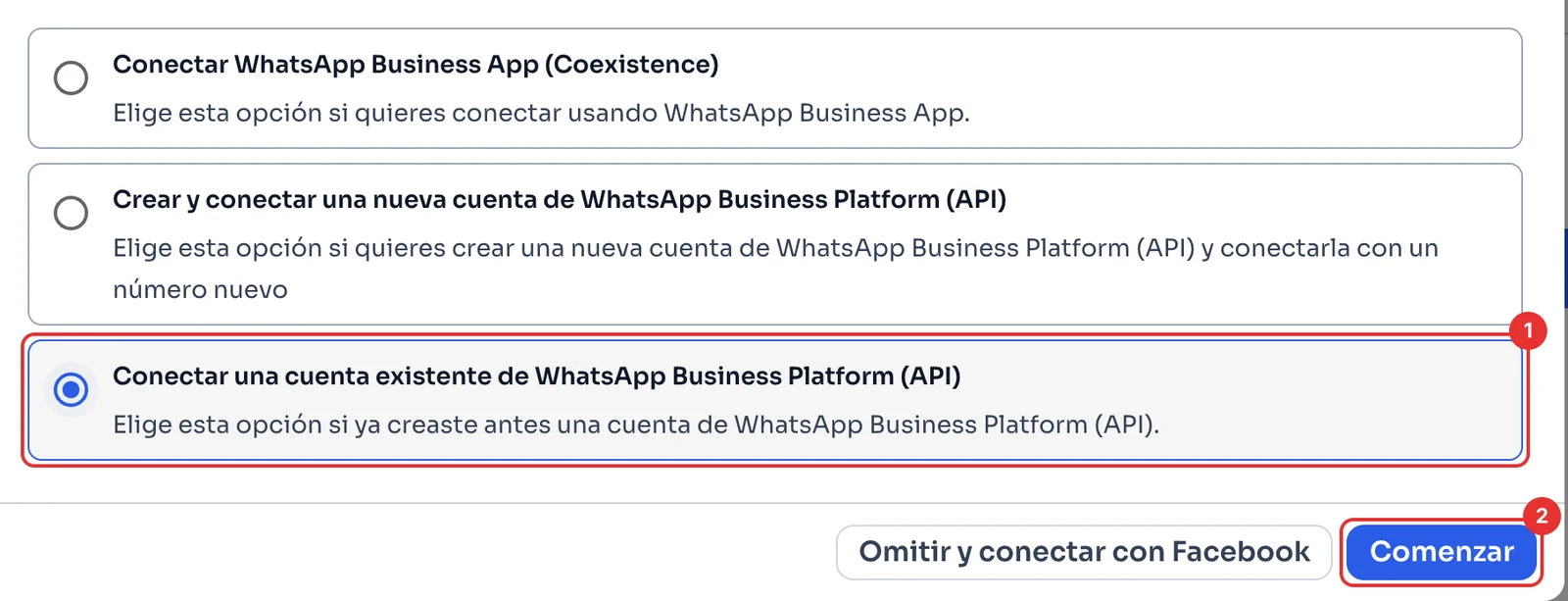 Las tres formas de conectar, con Conectar una cuenta existente seleccionada