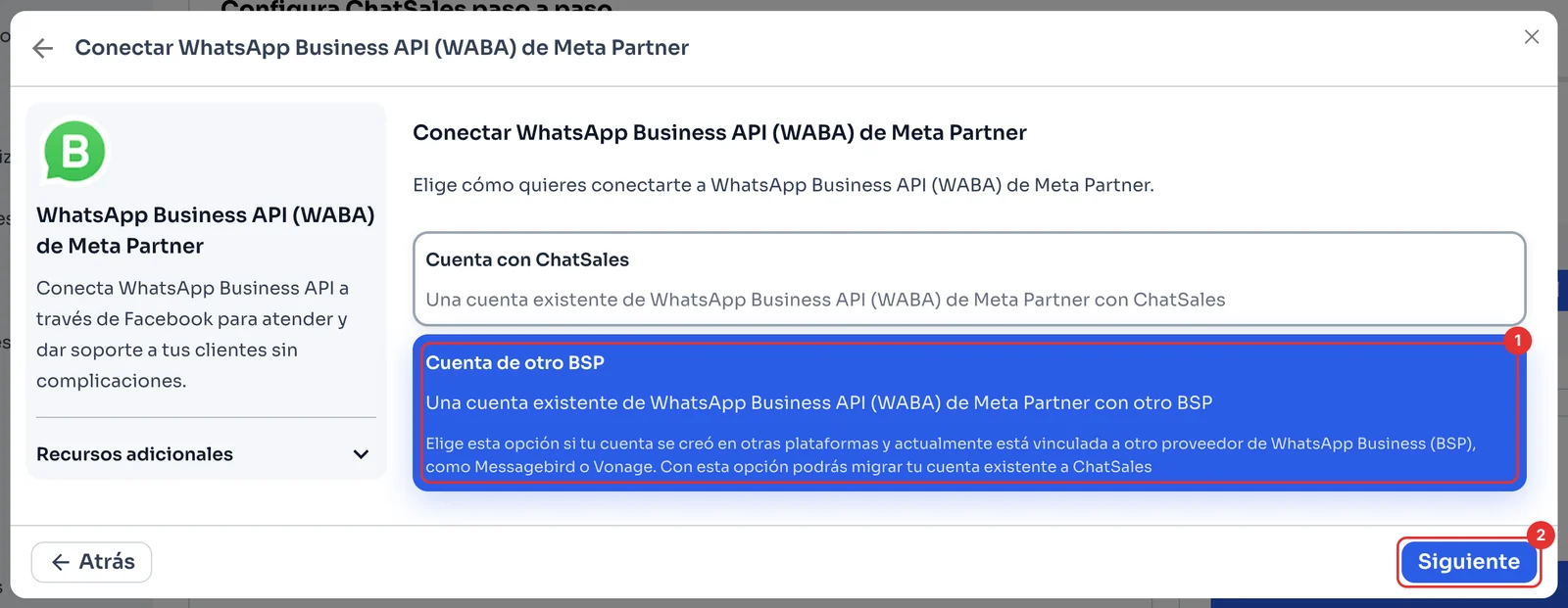Opciones Cuenta con ChatSales y Cuenta de otro BSP