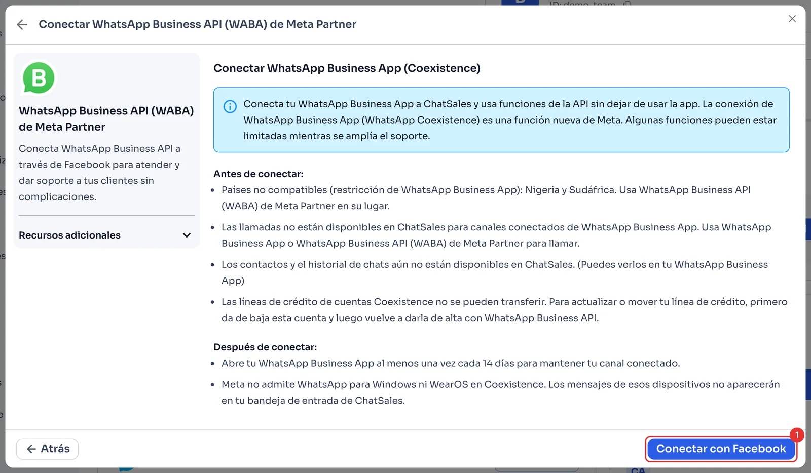 Requisitos de Coexistence y el botón Conectar con Facebook