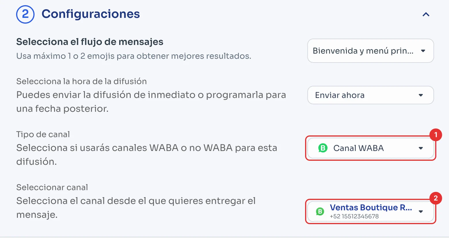 Tipo de canal Canal WABA y el canal seleccionado