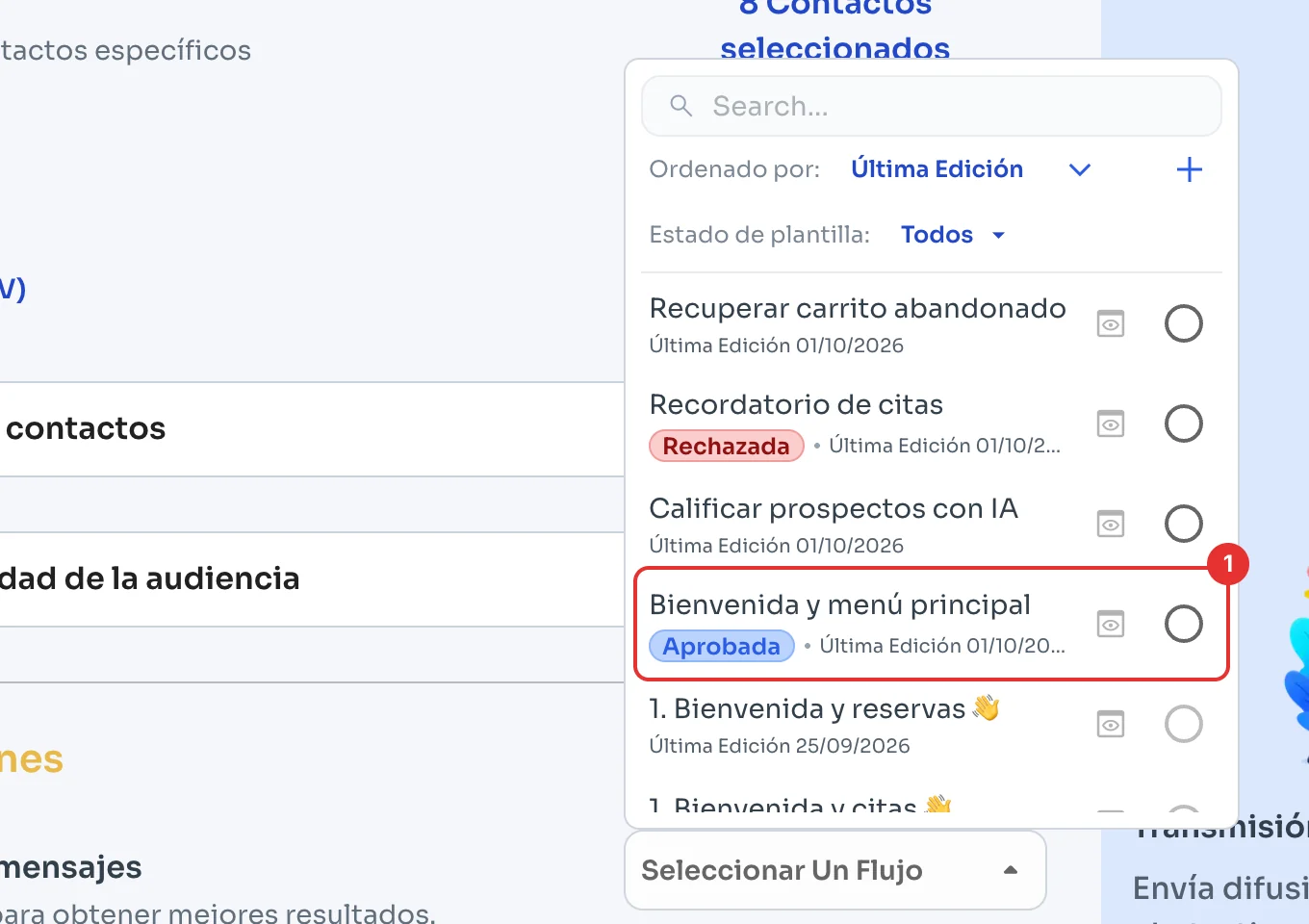Lista de flujos de mensajes con una plantilla Aprobada marcada