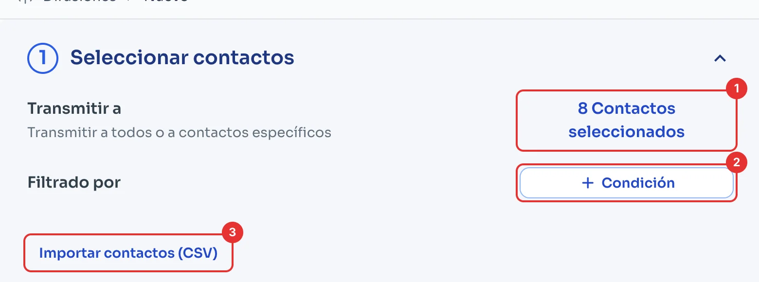 Sección Seleccionar contactos con los contactos seleccionados, Condición e Importar contactos