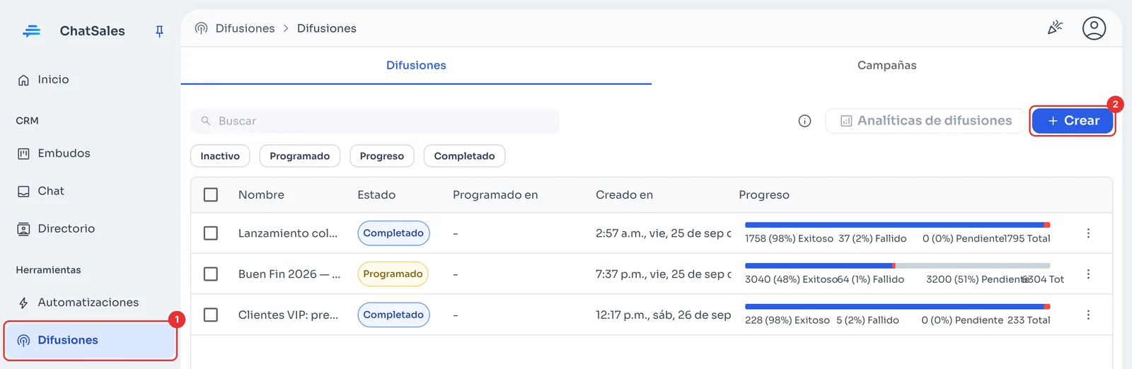Lista de difusiones con el menú Difusiones y el botón Crear