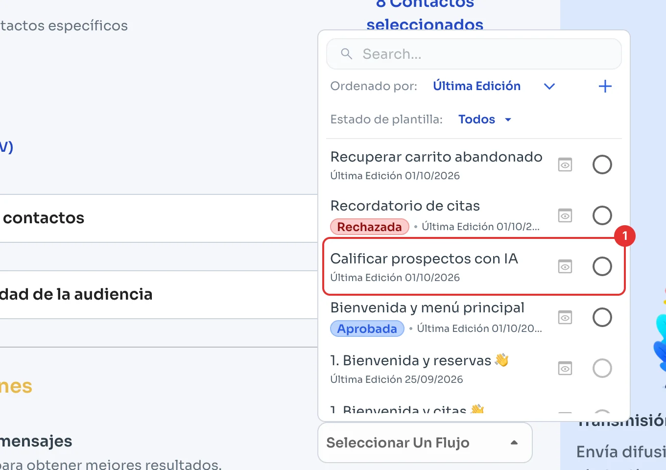 Lista de flujos de mensajes con un mensaje marcado