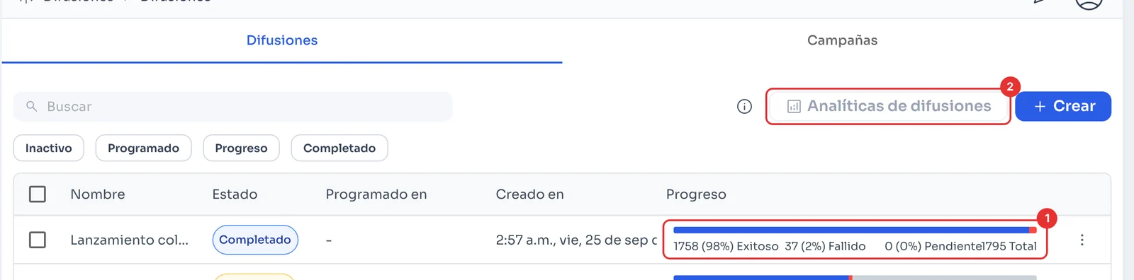 Lista de difusiones con el progreso de envío y Analíticas de difusiones