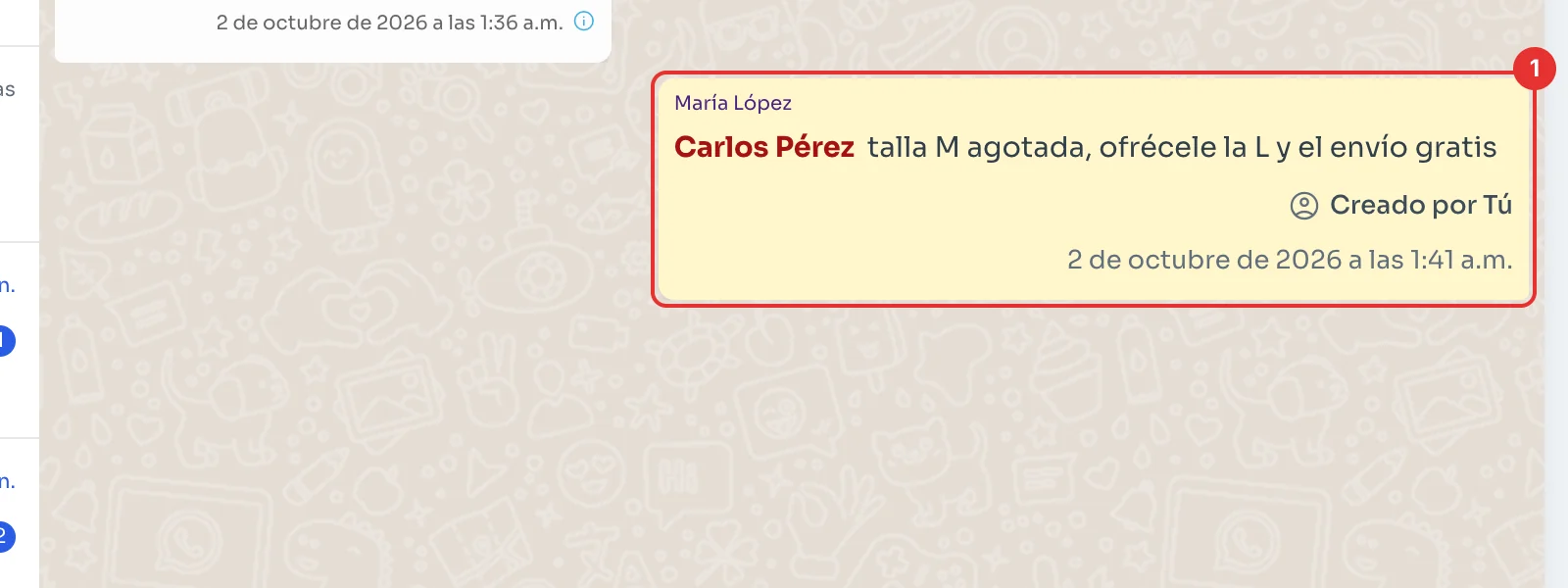 Nota amarilla en el chat con un compañero mencionado